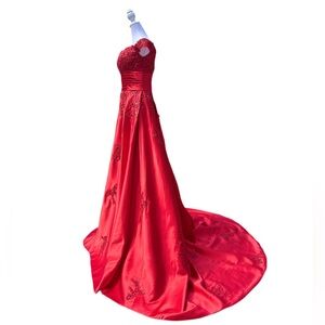 SOLD! Crimson Embroidered Off-Shoulder Ballgown with Cathedral Train - Size M